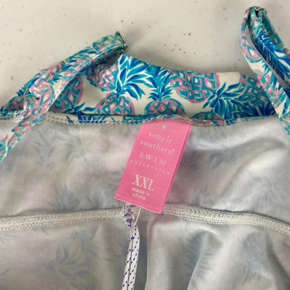 Simply Southern Tiered Tankini Swimsuit Top Blue‎ Pineapple Print Shorts Set XXL
